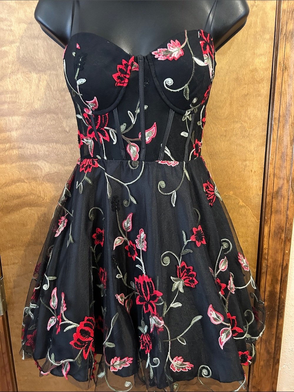 Strapless Black Dress with Red Floral Embroidery - Homecoming